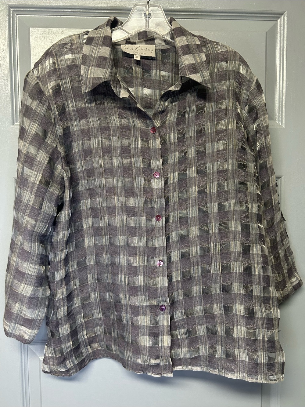 Emil Rutenberg Collection sheer linen blend checked/plaid blouse. Sz XL GRAY